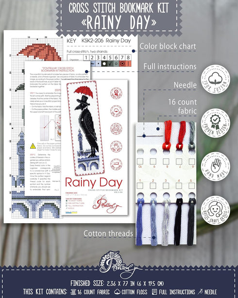 Rainy day' Counted Cross Stitch Bookmark Kit for Adults - DIY Embroidery Book Marker Set with Paper Pattern, 16 Count Aida Canvas and Pre-Sorted ...