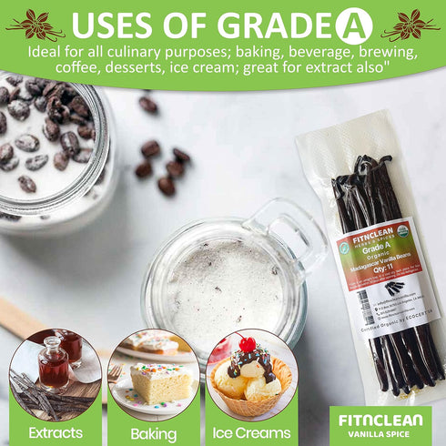 11 Madagascar Organic Vanilla Beans Grade A. Certified USDA Organic. ~6" by FITNCLEAN VANILLA for Cooking, Extract and Baking. Bourbon Fresh Gourm...