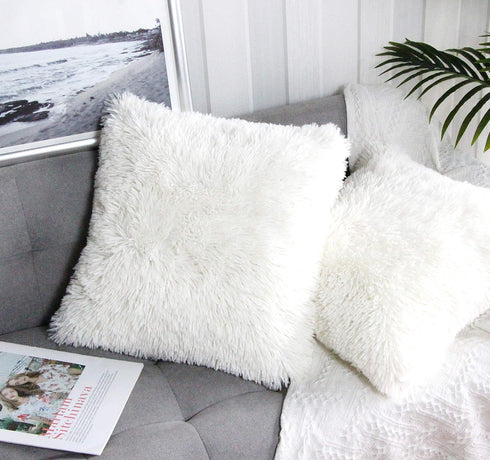 Uhomy Fluffy Accent Pillows Cover 18"x18", Soft White Faux Fur Throw Pillow Case, Modern Luxury Decorative Square Cushion Cover for Farmhouse Home...