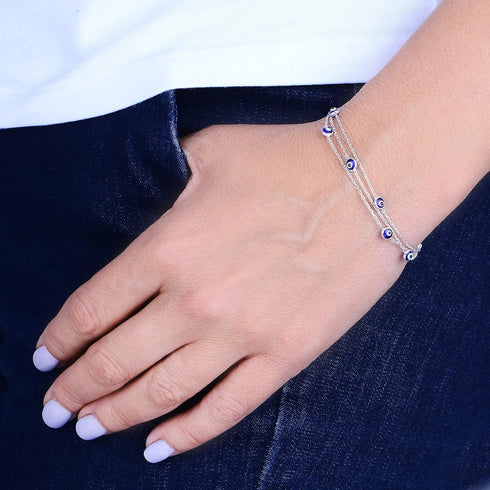 Evil Eye Bracelets Sterling Silver 925 - Triple Layered Chain Protection Blue Ojo Turco Bracelet for Women - Womens Dainty Boho Jewelry - Kabbalah...