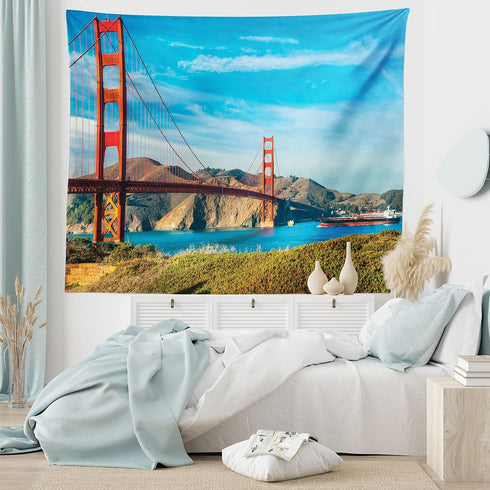 Ambesonne Landscape Tapestry, Golden Gate San Francisco Sunny Summer Day Ocean Stones Touristic, Wide Wall Hanging for Bedroom Living Room Dorm, 6...