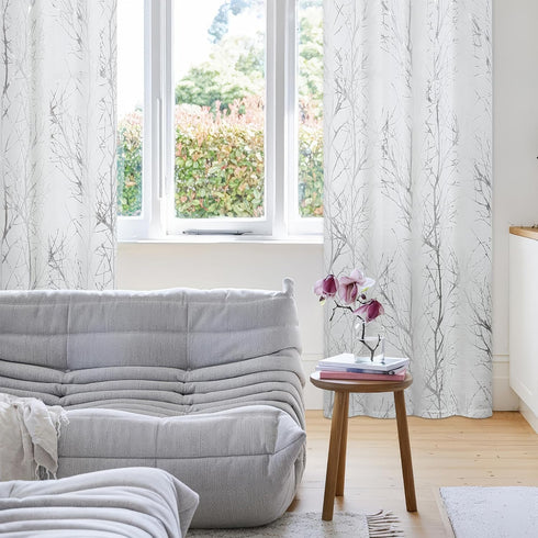 FMFUNCTEX Linen Semi Sheer Curtains for Living Room & Bedroom, Silver Metallic Print White Tree Panel, Light Filtering 84" Long Grommet Top 2 Pane...