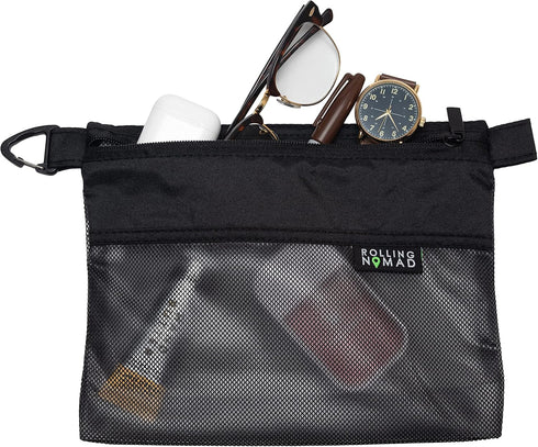 Rolling Nomad 10.2x7.6x0.4 Medium Black Mesh Zipper Bag, Waterproof Travel Pouch, Pouch with Clip for Toiletries, Cosmetics, Accessories, Storage...