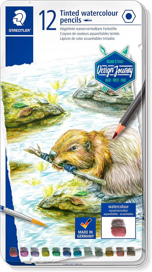 Staedtler Water-Soluble Tinted Graphite Pencils, Watercolor Artist Set, Pre-sharpened, 12 Colors in Metal Tin, 14610T M12...