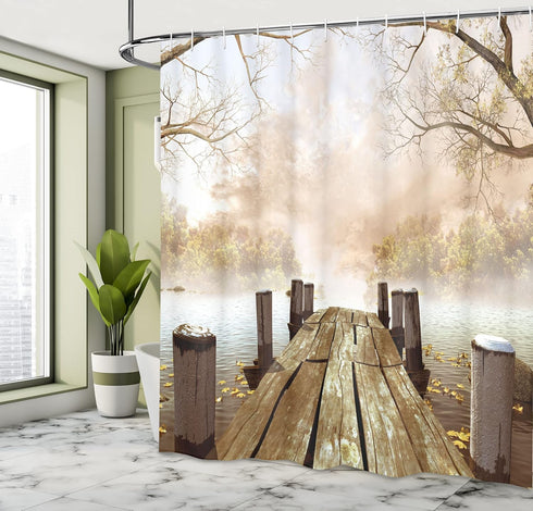Ambesonne Fall Wooden Foggy Scene Lake River Print Polyester Fabric Shower Curtain - Extra Long, Beige Brown Taupe 69" W By 75" L...