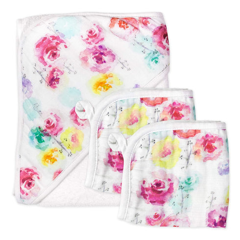 HonestBaby 3-Piece Organic Cotton Hooded Towel & Washcloth Set, Rose Blossom, One Size...