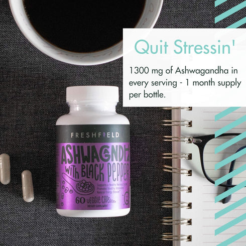 Freshfield Ashwagandha with Black Pepper. Vegan Friendly Supplement for Adrenal Fatigue Support, Muscle Memory, Thyroid and Strength. All Natural ...