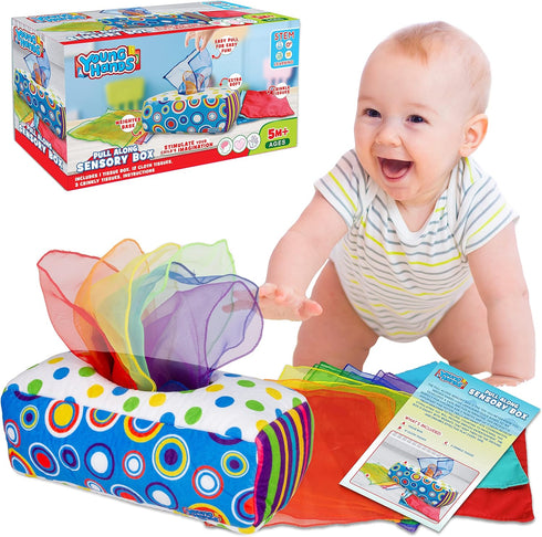 Sensory Pull Along Baby Tissue Box - Montessori Toy for Babies and Toddlers Tissue Box Learning Toys for 5 Months + STEM Educational Toys for Todd...