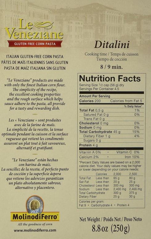 Le Veneziane Italian Gluten Free Corn Pasta Ditalini 250...