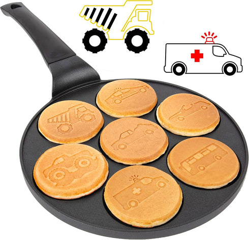Car & Truck Mini Pancake Pan - Make 7 Unique Flapjack Cars, Nonstick Pan Cake Maker Griddle w Long Handle for Breakfast Fun & Easy Cleanup, Unique...