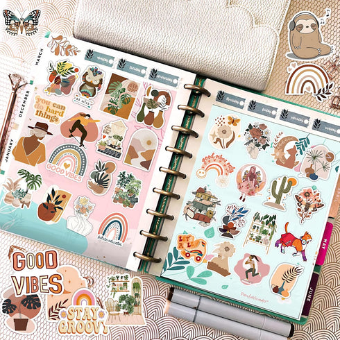 300 PCS Aesthetic Boho Stickers, Cute Vinyl Waterproof Stickers for Water Bottles Laptop Phone Journaling Scrapbook Junk Journal, Scrapbooking Sup...