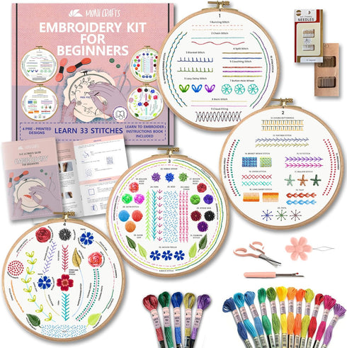 Moni Crafts - 4 Sets Starter Embroidery Kit for Beginners Adults and Kids - Learn 33 Stitches with Simple Embroidery Patterns DIY - Needlepoint Ha...