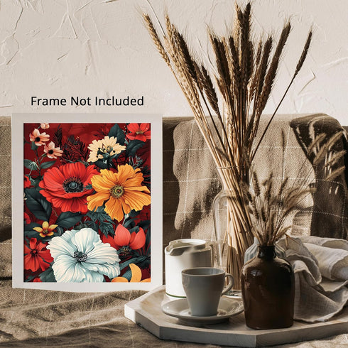 Posterizer 1 pcs-bright red and yellow flowers-red background-Floral & Botanical Art-Abstract & Modern Art-Decor for Home & Office- UNFRAMED Wall ...