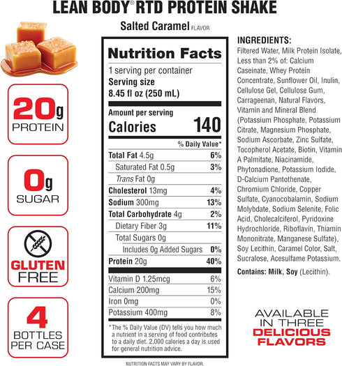 Lean Body Ready-to-Drink Salted Caramel Protein Shake, 20g Protein, Whey Blend, 0 Sugar, Gluten Free, 22 Vitamins & Minerals, (Recyclable Carton &...
