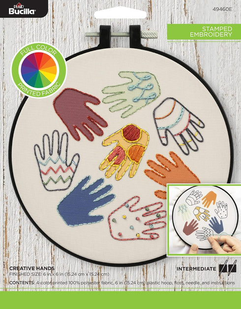 Bucilla Full-Color 6" Stamped Embroidery Kit, Creative Hands, Includes 4-Color Printed Fabric, 6" Hoop, Embroidery Floss, Needle, and Instructions...