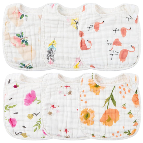 Zainpe 6Pcs Snap Muslin Cotton Bibs for Baby Flamingo Star Flower, Machine Washable Adjustable Burp Cloths with 6 Absorbent Soft Layers for Infant...