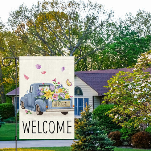 Welcome Spring Garden Flag 12x18 Double Sided Vertical Burlap Retro Truck Floral Garden Flags Summer Butterfly Yard Flags for Seasonal Outside Out...