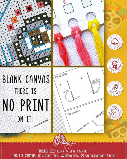 Povitrulya Counted cross Stitch Bookmark Kit 'Feliz Dia de los Muertos!' - DIY Embroidery set for Adults with Paper pattern, 16-count Aida Canvas ...