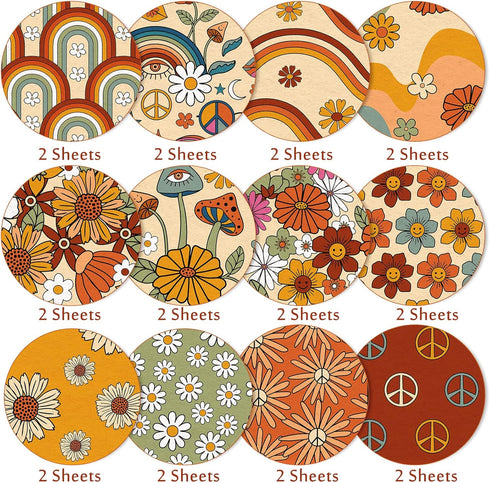 Whaline 12 Designs Retro Floral Pattern Paper 24 Sheet Hippie Groovy Boho Rainbow Scrapbook Double-Sided Craft Paper Folded Flat for Card Making S...