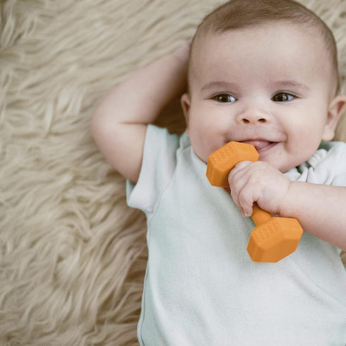 Gumbell- Baby Dumbbell Teething Toy with Pacifier Clip, Baby Toys 3-6 Months, Silicone Teether for Babies 6-12 Months, Fitness Novelty Teether (Or...