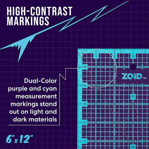 Zoid 6-1/2" X 12" Acrylic Ruler, Reversible Ruler for Measuring, Quilting Ruler, Slip-Resistant Ruler, Clear...