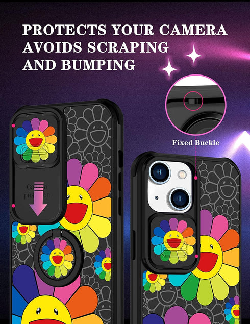 Goocrux (2in1 for iPhone 13 Case Smile Face Flower for Women Girls Pretty Girly Phone Cover Cute Floral Design with Slide Camera Cover+Ring Aesthe...