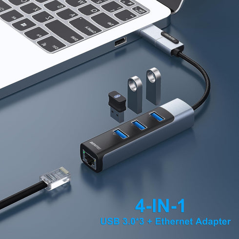 BENFEI 2-in-1 USB-C USB 3.0 to Gigabit Ethernet Adapter, 3-Port USB 3.0 Hub with RJ45 Compatible with MacBook Pro/Air 2023, iPad Pro, iMac, S23, X...