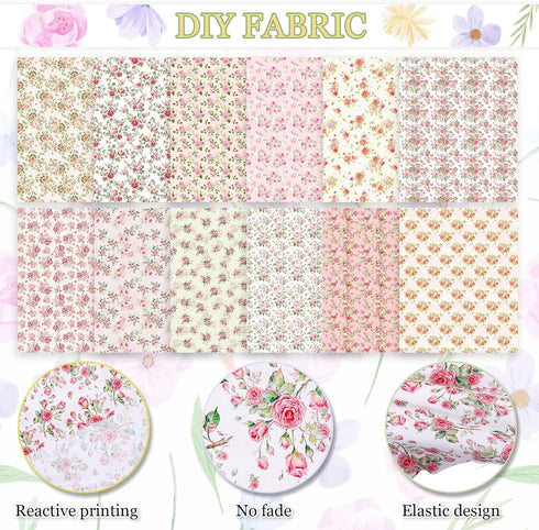 Whaline 12Pcs Spring Cotton Fabric Bundles 18 x 22 Inch Floral Quilting Fabric Patchwork Flower Pattern Precut Fat Quarters for Spring Birthday Se...
