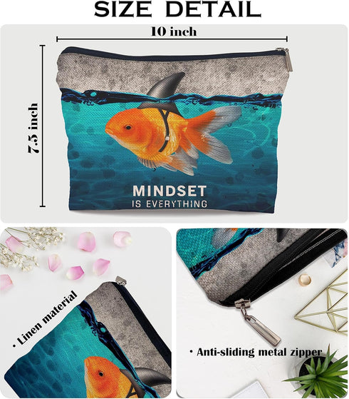 Inspirational Mindset is Everything Goldfish Shark Fin Makeup Bag Decorative Women's Cosmetic Bag Zipper Pouch Travel Toiletry,Motivational Positi...