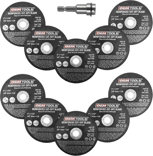 OEMTOOLS 26528 10 Piece Cut Off Wheel Set with Mandrel, Cutoff Wheel Mandrel Set, Premium Metal Cutting Wheels w/ 3/8" Arbors, Die Grinder Cut Off...