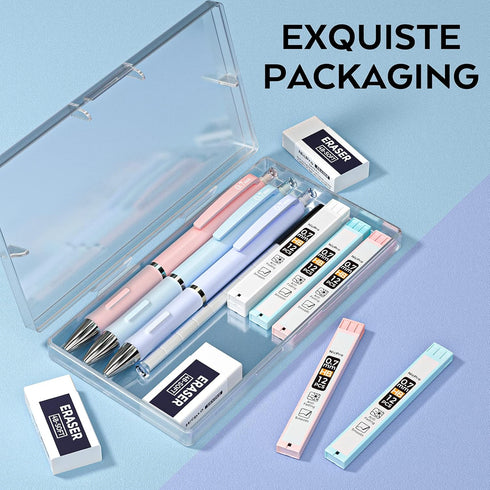 Nicpro 3PCS Pastel Mechanical Pencil Set with Case, 0.7 mm Pencils with 6 Tube HB Lead Refill & 3PCS Eraser & 9PCS Eraser Refill for School Suppli...