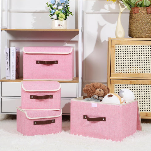 ANMINY Storage Bin with Lid Storage Boxes with PU Leather Handles PP Plastic Board Decorative Foldable Lidded Cotton Linen Fabric Home Cubes Baske...