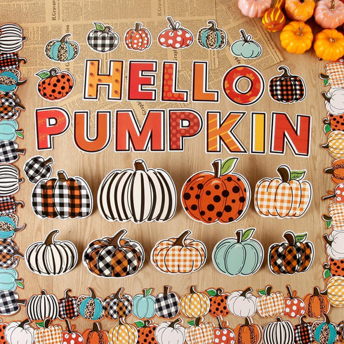GreenPine 90Pcs Happy Fall Pumpkin Cutouts Thanksgiving Bulletin Board Set with Pumpkin Borders Trim Classroom School Office Wall Decor Themed Par...