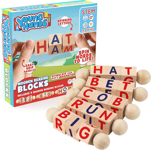 Creative Kids Wooden Reading Blocks - Set of 5 Spinning Alphabet Blocks w/Easy-Grip Handles - Kindergarten Preschool Learning Activities Letter Wo...