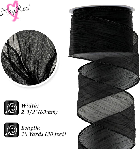 Black Wired Ribbon 2.5 Inch x 10 Yard Metallic Sheer Wired Ribbon Crinkle Wired Ribbon for Wreaths and Bows, Rustic Wedding, Gift Wrapping, Farmho...