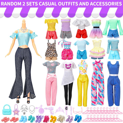 52 Pcs Doll Clothes and Accessories,2 Wedding Gowns 6 Fashion Dresses 2 Set Casual Outfits Top and Pant 2 Swimsuit,20 Hanger 10 Shoe 10 Accessorie...