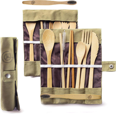 Greenzla Double Pack Bamboo Utensils Set with Bonus Toothbrush Pair, Straw, Spoon, Fork, Knife, Teaspoon, Chopsticks, Brush & Duo Storage Bags - R...