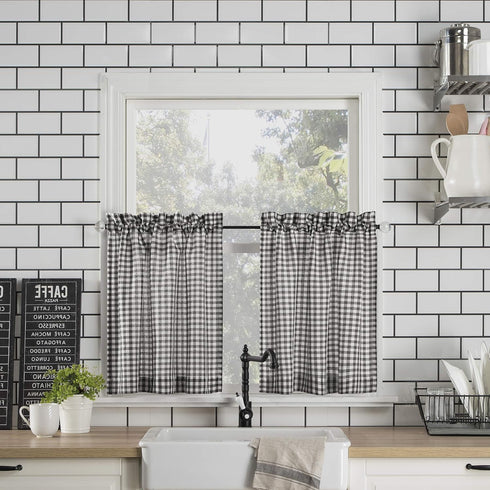 No. 918 Parkham Farmhouse Plaid Semi-Sheer Rod Pocket Kitchen Curtain Valance and Tiers Set, 54" x 24", Black/White...