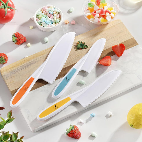 3PCS Toddler Knife Set, Plastic Kids Knife Set for Real Cooking, Round Tips with Serrated Edges, Perfectly Safe Kids Knife Set (Orange, Blue, Gree...