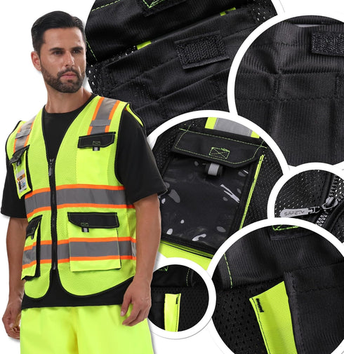 JKSafety Hi Vis Reflective Safety Vests for Men Women High Visibility Vest with Pockets Mesh Fabric Construction Safety Apparel Neon Vest for Work...