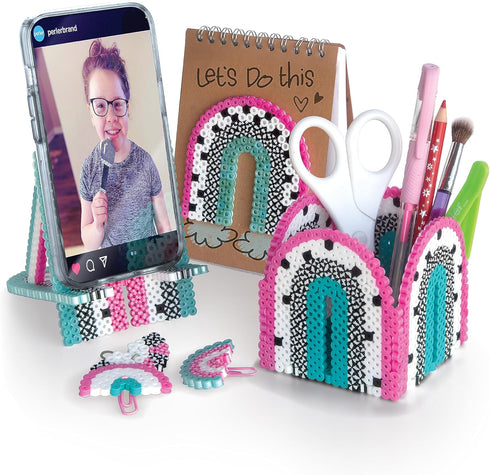 Perler Fused Bead DIY Pencil Cup, Phone Stand, Paper Clip Toppers, and Notebook Cover Desk Accessory Craft Activity Kit, Finished Pattern Sizes Va...