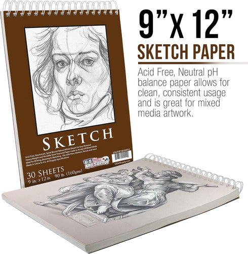 U.S. Art Supply 9" x 12" Premium Heavy-Weight Paper Spiral Bound Sketch Pad, 90 Pound (160gsm), Pad of 30-Sheets (Pack of 2 Pads)...