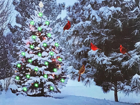 BANBERRY DESIGNS Lighted Christmas Tree & Cardinal Birds LED Canvas Print - Snowy Winter - Forest Pine Trees - Winter Scene Wall Art Measures 15.7...