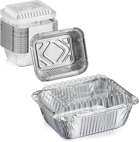Fit Meal Prep 50 Pack Small Aluminum Foil Pans with Clear Lids, 1 lb 5 x 4” Disposable Tin Foil Baking Pans, Durable Foil Food Containers Freezer ...