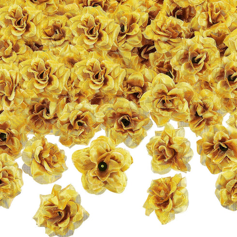 Syhood 100 Pieces 1.77" Gold Artificial Roses Head Bulk Small Silk Fake Rose Buds for Decoration, DIY Crafts, Wedding Centerpieces Bridal Shower P...