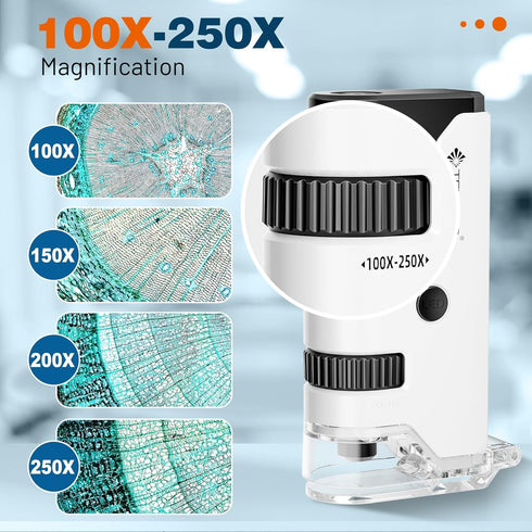 100x-250x Mini Pocket Microscope for Kids Adults, Protable Handheld Microscope with 5 Microscope Slides, Phone Adapter, Miniscope Portable Microsc...