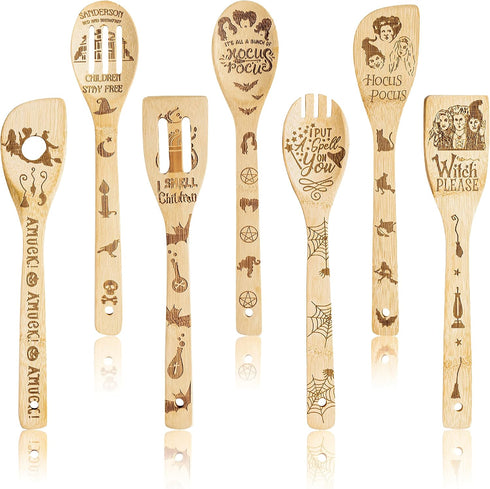 7Pcs Halloween Hocus Pocus Theme Wooden Spoons Slotted Spatula Set, Carve Burned Bamboo Kitchen Cookware Gadget Kit Non-Stick Cooking Utensils Fun...