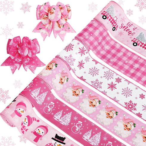 Whaline 6 Rolls Christmas Wired Edge Ribbon Pink Xmas Winter Holiday Craft Ribbon Buffalo Plaid Santa Snowman Snowflake Christmas Tree Truck Gift ...