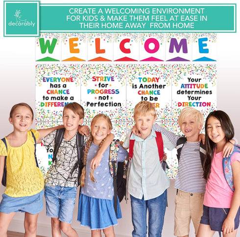 Decorably Welcome Posters for Classroom - 15 Confetti Classroom Decor, Confetti Themed Classroom Decorations, Welcome Sign for Bulletin Board, Con...