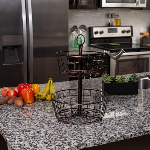 BIRDROCK HOME 2 Tier Wire Fruit Basket | Round Metal Standing Baskets | Fruit Vegetable Garlic Caddy | Freestanding Rustic Decorative Basket...